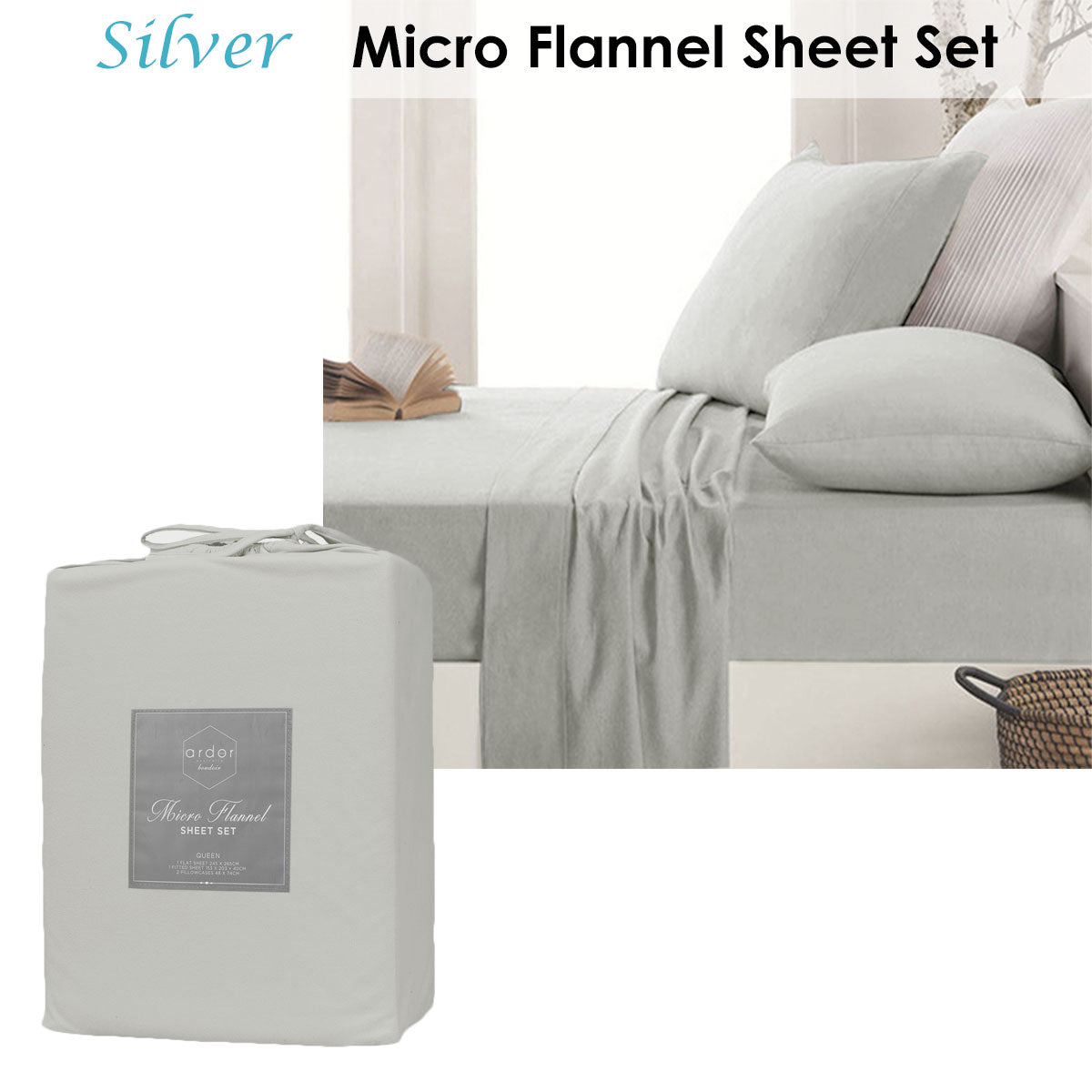 Ardor Micro Flannel Sheet Set | Silver | Mega Queen