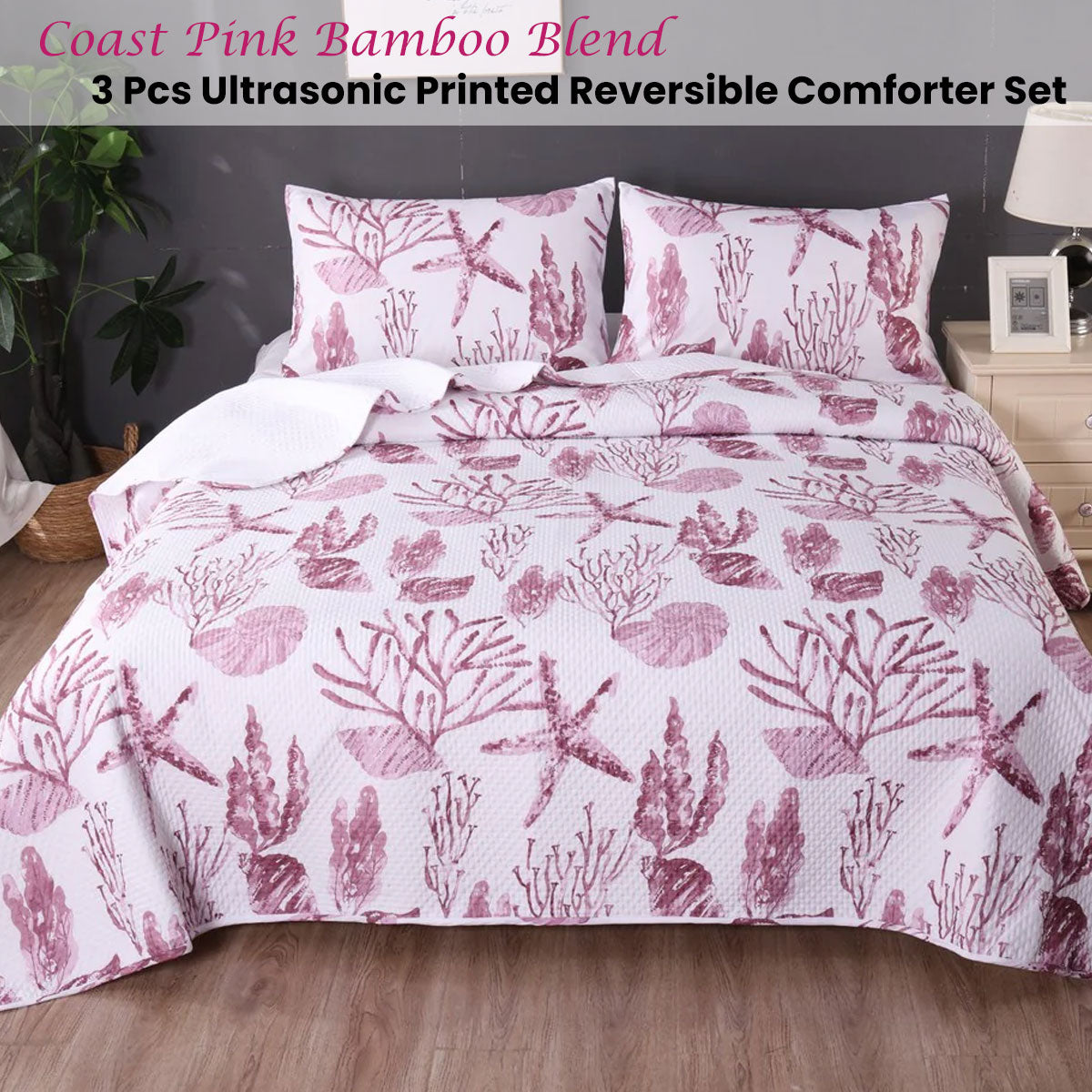 Ramesses Coast Pink | 3 Pcs Bamboo Blend Ultrasonic Reversible Comforter Set | King