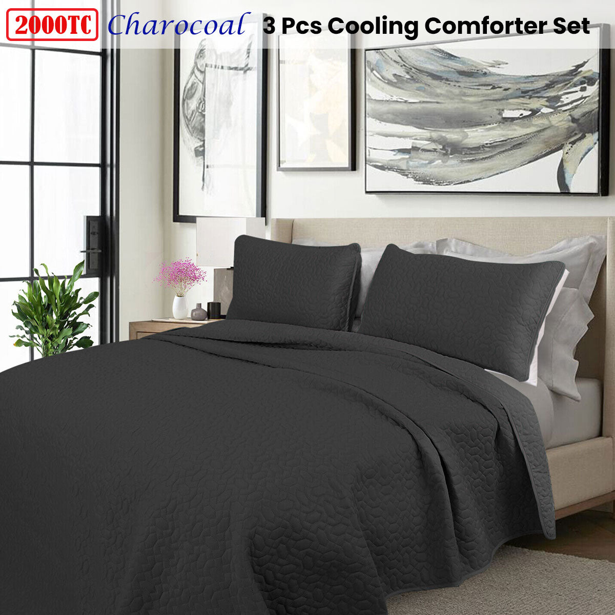 Shangri La 2000TC Charcoal Cooling Embroidered 3-Piece Comforter Set | King
