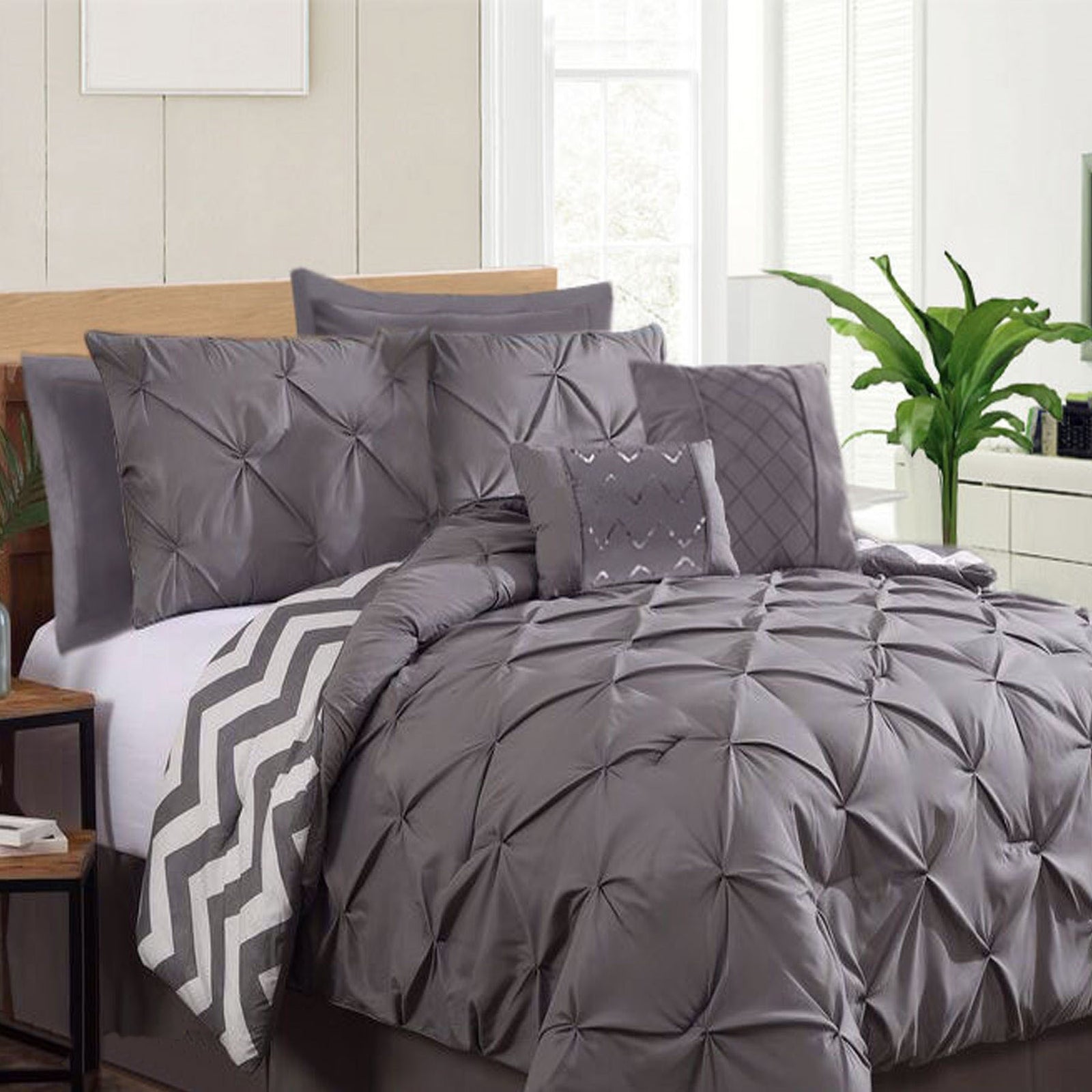 Ramesses 7 Piece Pinch Pleat Comforter Set | Charcoal | King