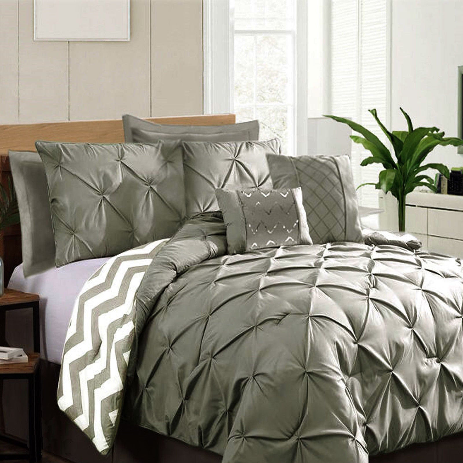 Ramesses 7 Piece Pinch Pleat Comforter Set | Grey | King