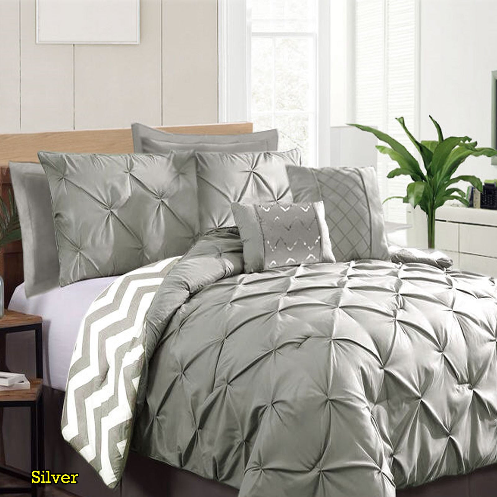 Ramesses 7 Piece Pinch Pleat Comforter Set | Silver | Queen