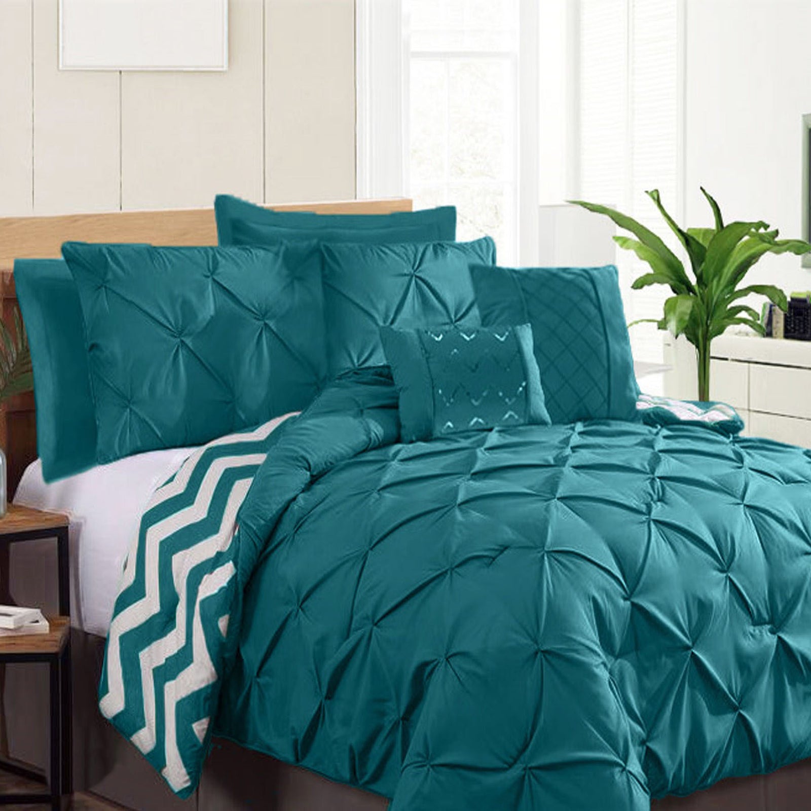Ramesses 7 Piece Pinch Pleat Comforter Set | Queen | Teal