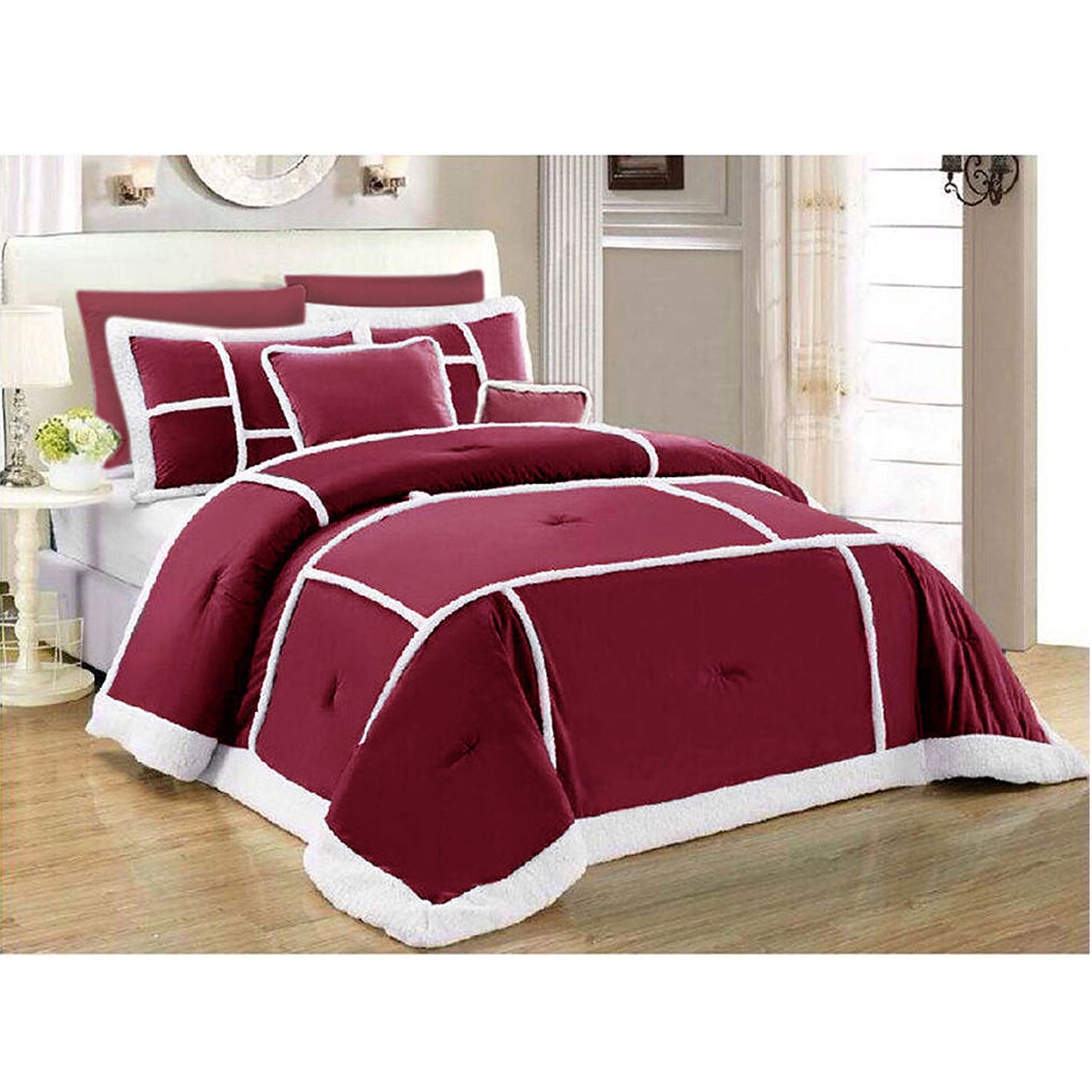 Ramesses 7 Piece Soho Sherpa Comforter Set | Burgundy | Queen