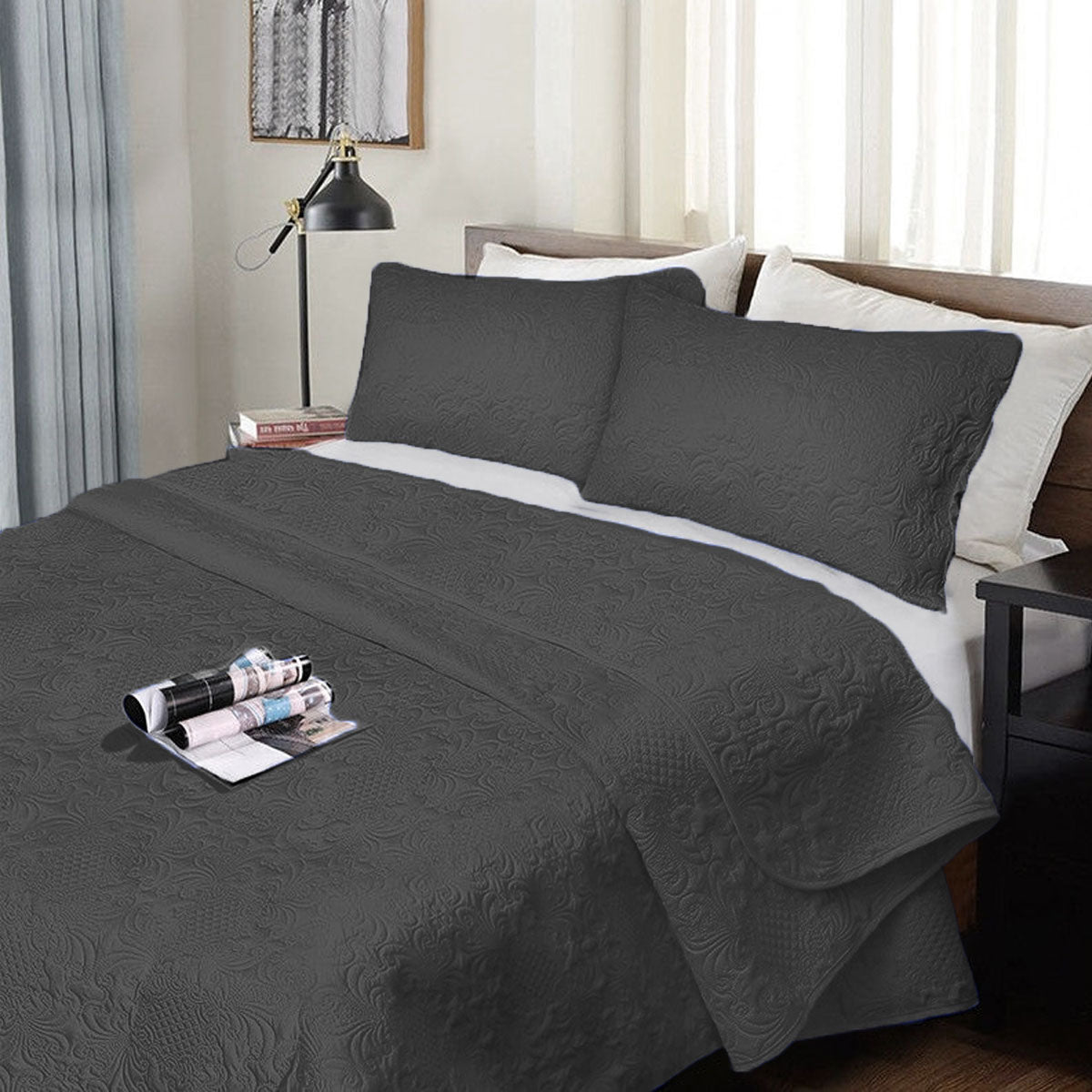 Ramesses 3 Piece Ultrasonic Comforter Set | Queen | Charcoal