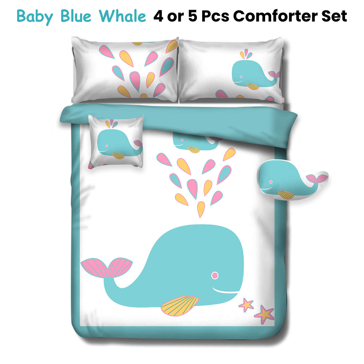 Ramesses Baby Blue Whale Kids Adventure 4-Piece Comforter Set | Single