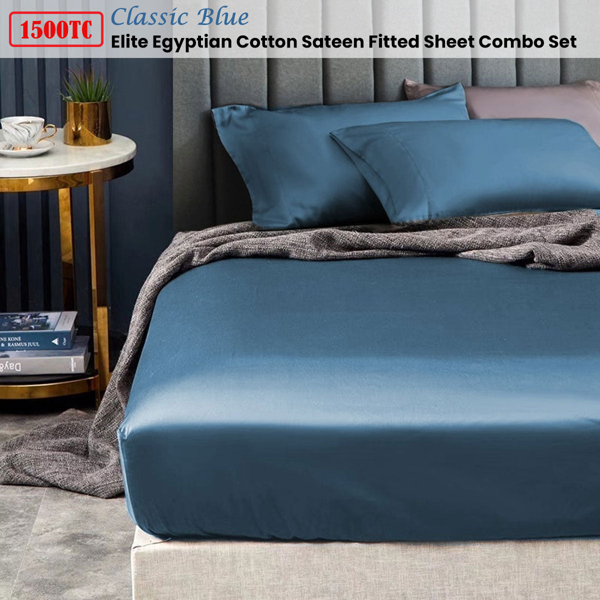 Ramesses 1500TC Elite Egyptian Cotton Sateen Fitted Sheet Combo Set | Classic Blue | Double