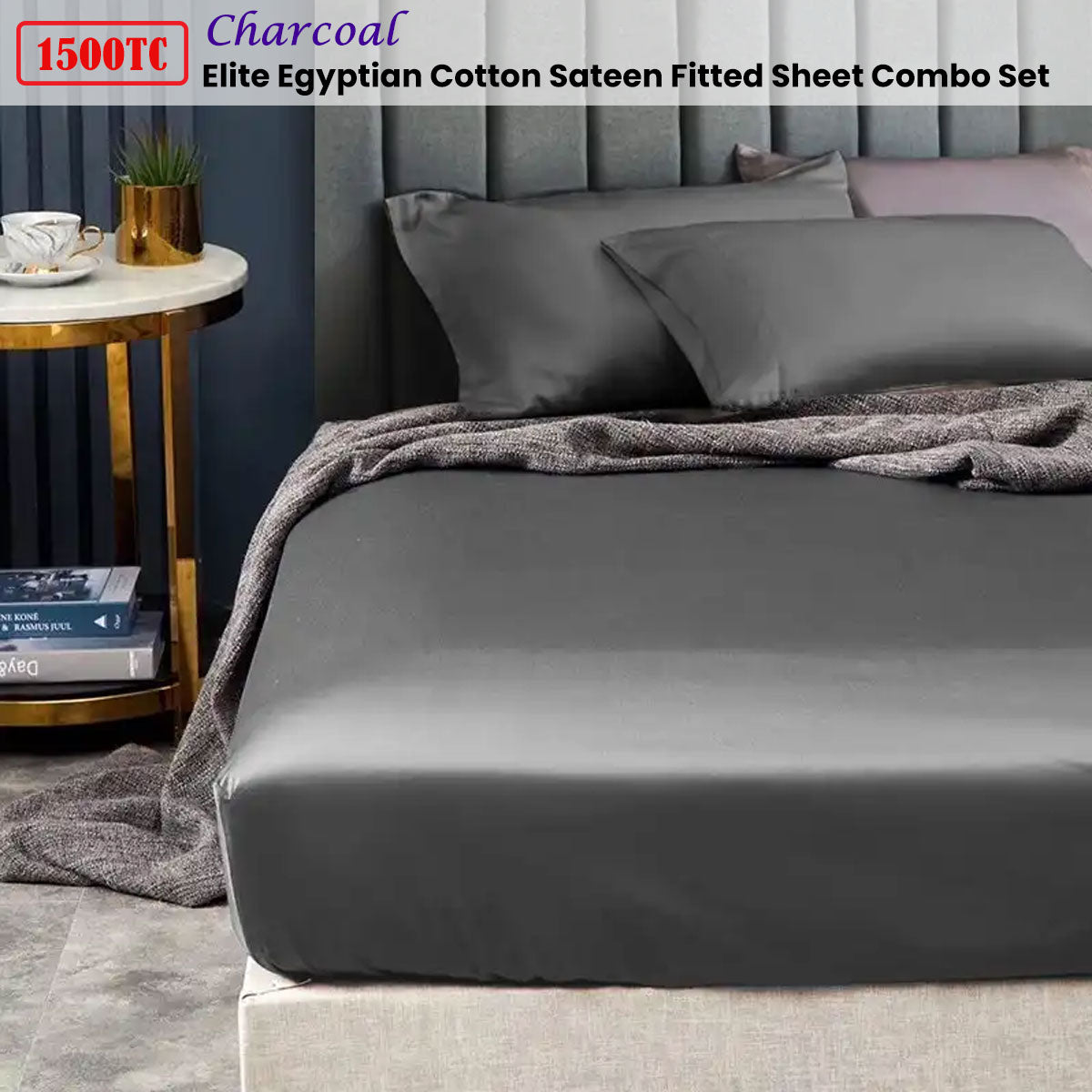 Ramesses 1500TC Elite Egyptian Cotton Sateen Fitted Sheet Combo Set | Charcoal | Queen