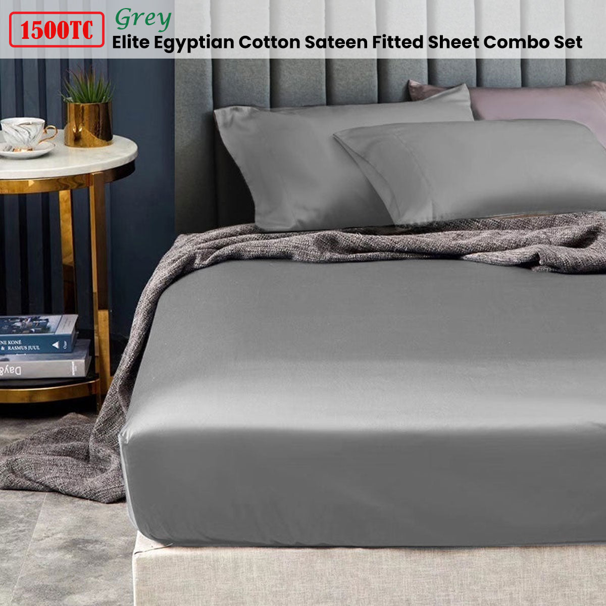 Ramesses 1500TC Elite Egyptian Cotton Sateen Fitted Sheet Combo Set | Grey | Queen