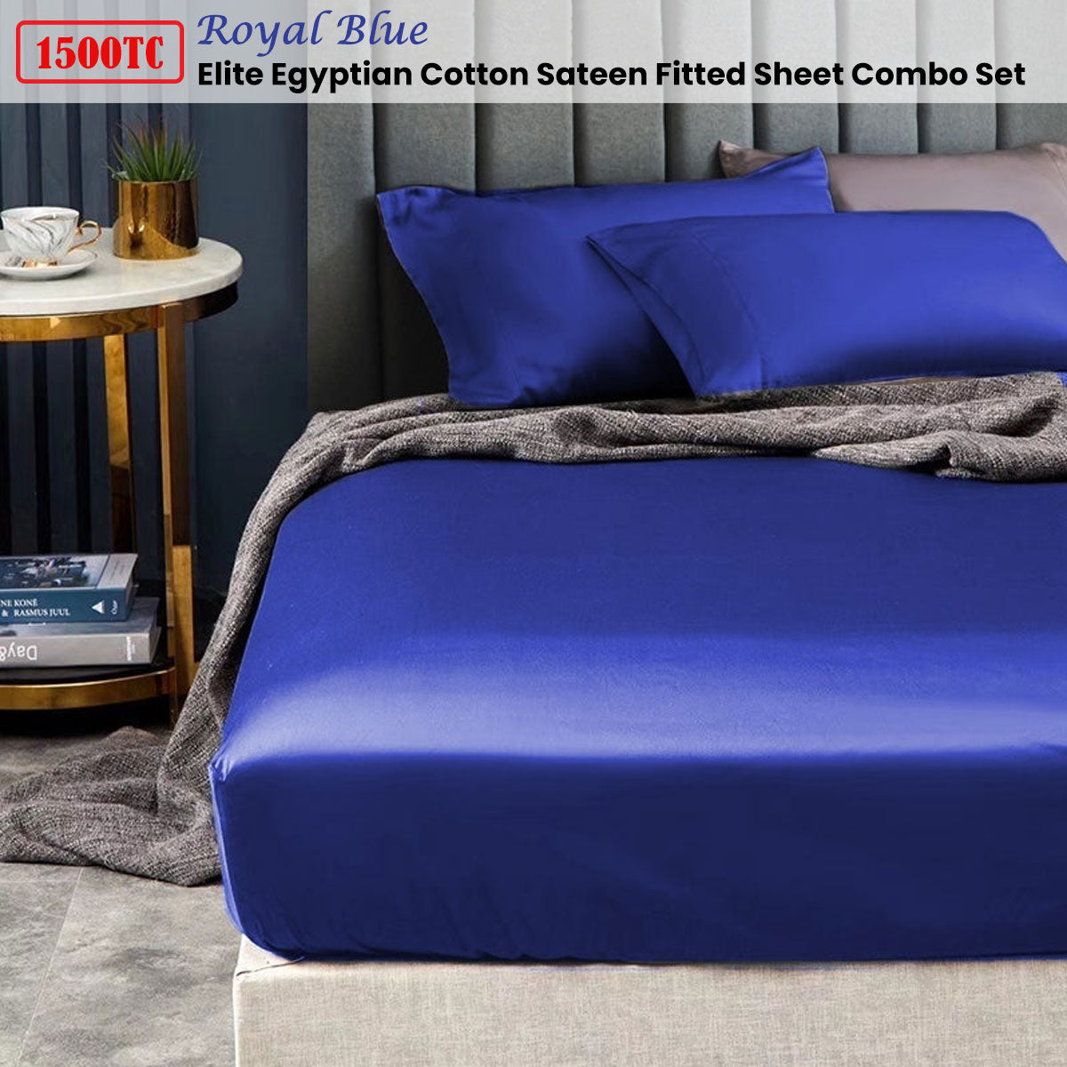 Ramesses 1500TC Elite Egyptian Cotton Sateen Fitted Sheet Combo Set | Royal Blue | Double