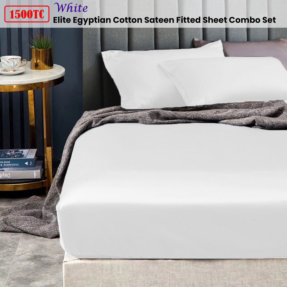 Ramesses 1500TC Elite Egyptian Cotton Sateen Fitted Sheet Combo Set | White | Single