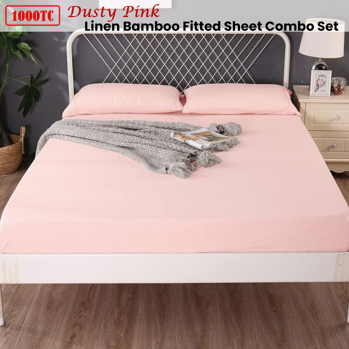 Ramesses 1000TC Linen Bamboo Fitted Sheet Combo Set | Dusty Pink | Queen