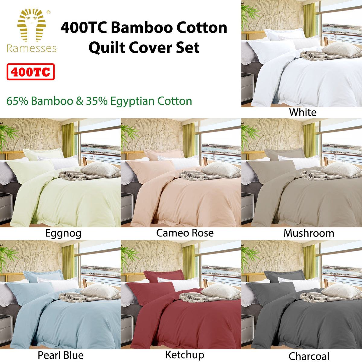 Ramesses Bamboo Cotton Quilt Cover Set | White | Queen