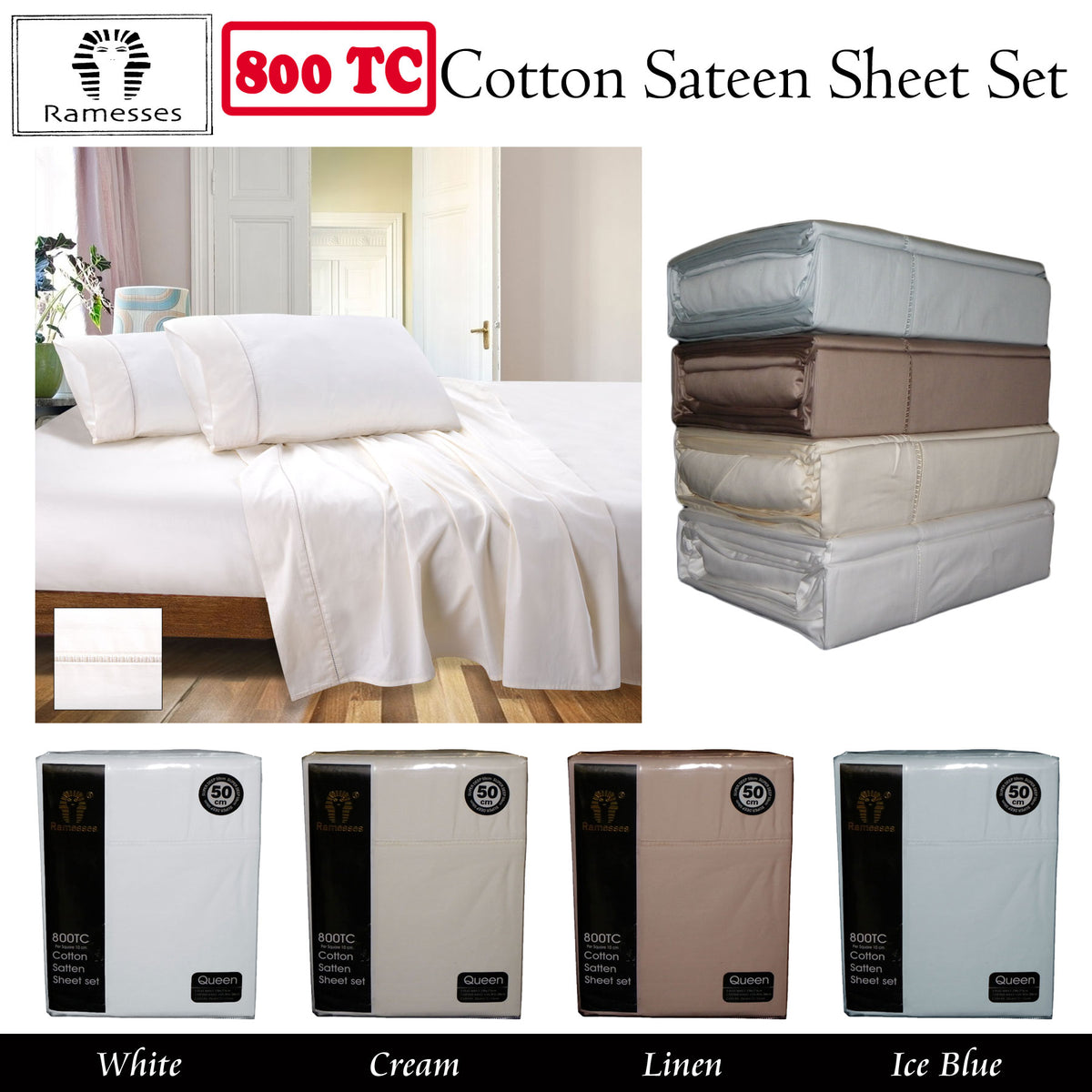800TC Ramesses Cotton Sateen Sheet Set | White | King