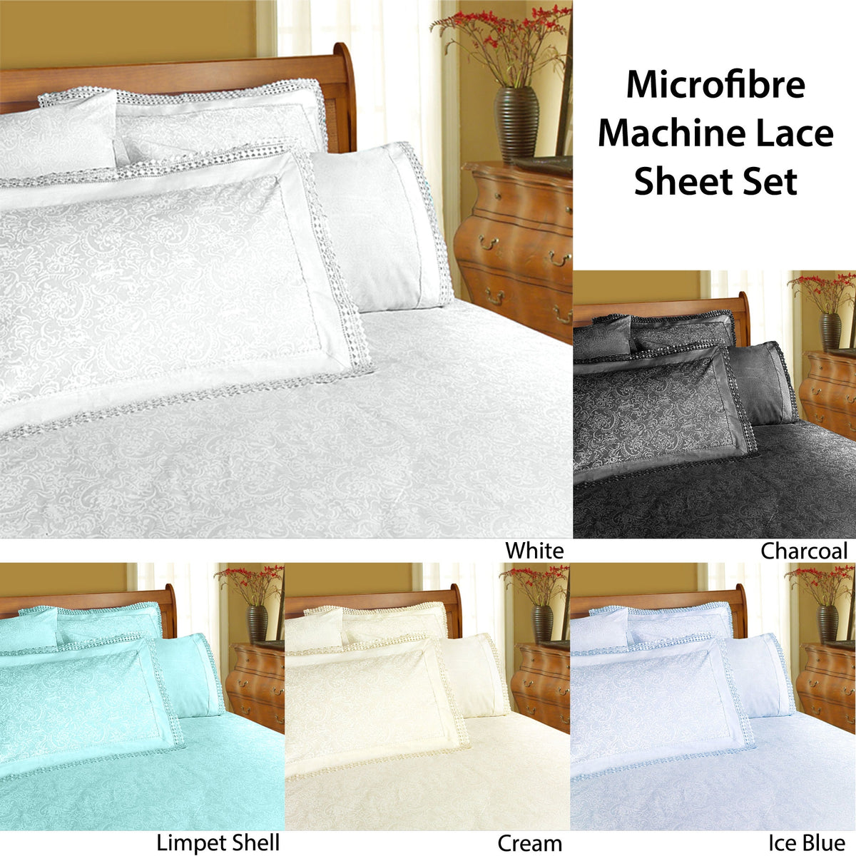 Shangri La Microfibre Machine Lace Sheet Set | White | King