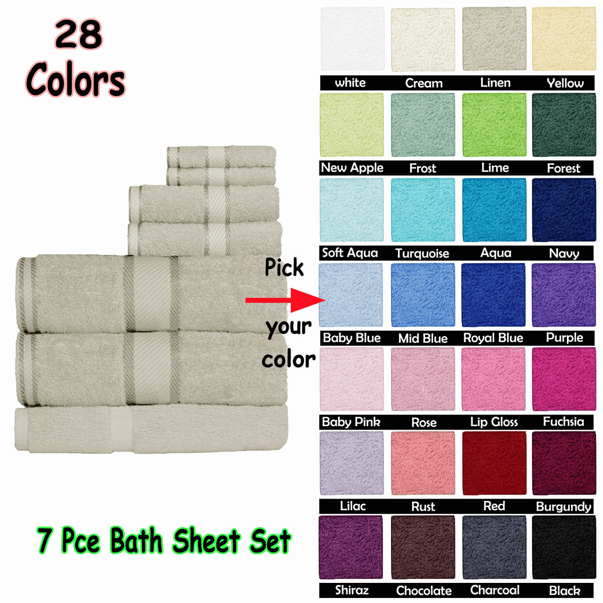 Kingtex 550gsm Cotton 7 Pce Bath Sheet Set | Baby Blue