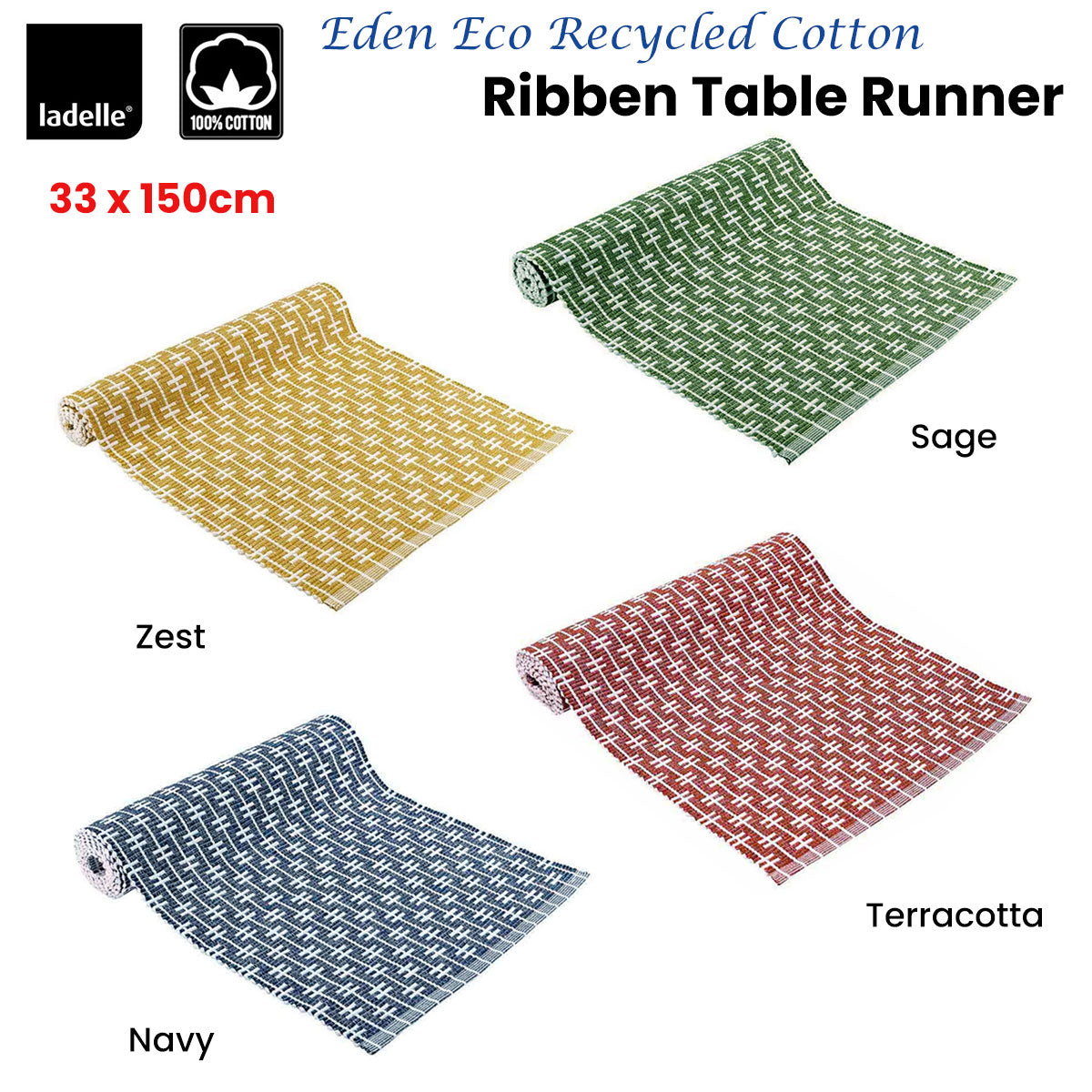 Ladelle Eden Ribbed Eco Recycled Cotton Table Runner | 33 x 150 cm | Terracotta