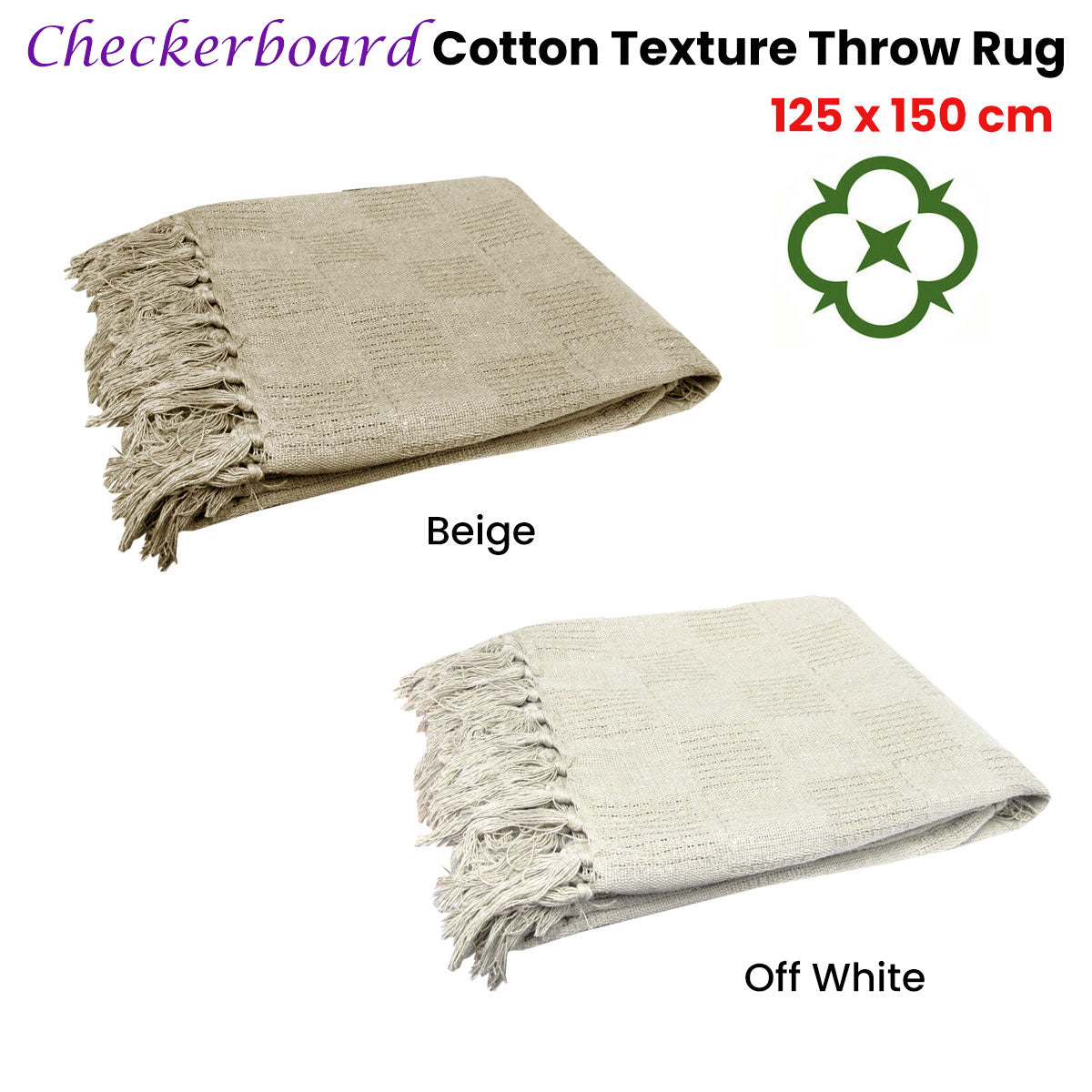 Checkerboard 100% Cotton Texture Fringe Throw Rug | 125x150cm | Off White