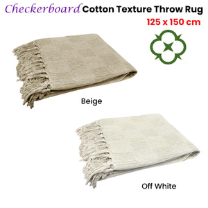 Checkerboard 100% Cotton Texture Fringe Throw Rug | 125x150cm | Off White