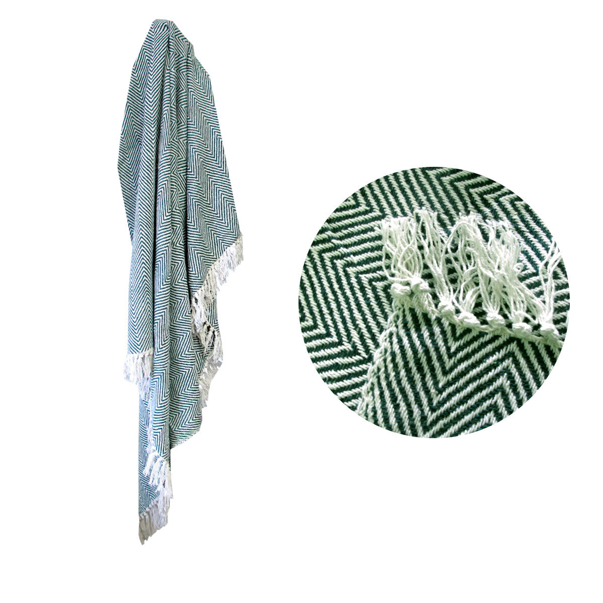 100% Cotton Fringe Throw Rug | 125x150cm | Chevron Green