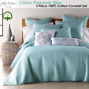 Jenny Mclean Clavo Pompom Blue 3 Piece Coverlet Set | 100% Cotton | Super King