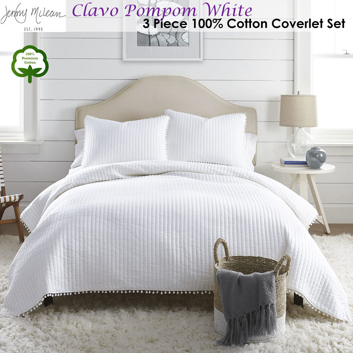 Jenny Mclean Clavo Pompom White 3 Piece Coverlet Set | 100% Cotton | Super King