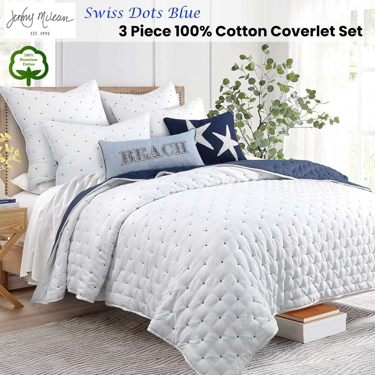 Jenny Mclean Swiss Dots Blue 3 Piece Coverlet Set | Queen