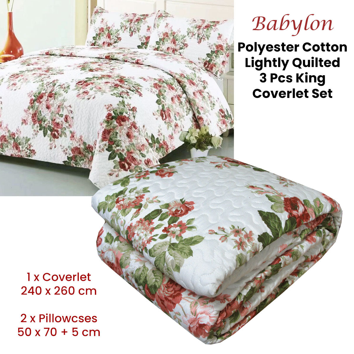 Babylon Quilted Coverlet Set | 3 Piece | Polyester Cotton | Queen/King