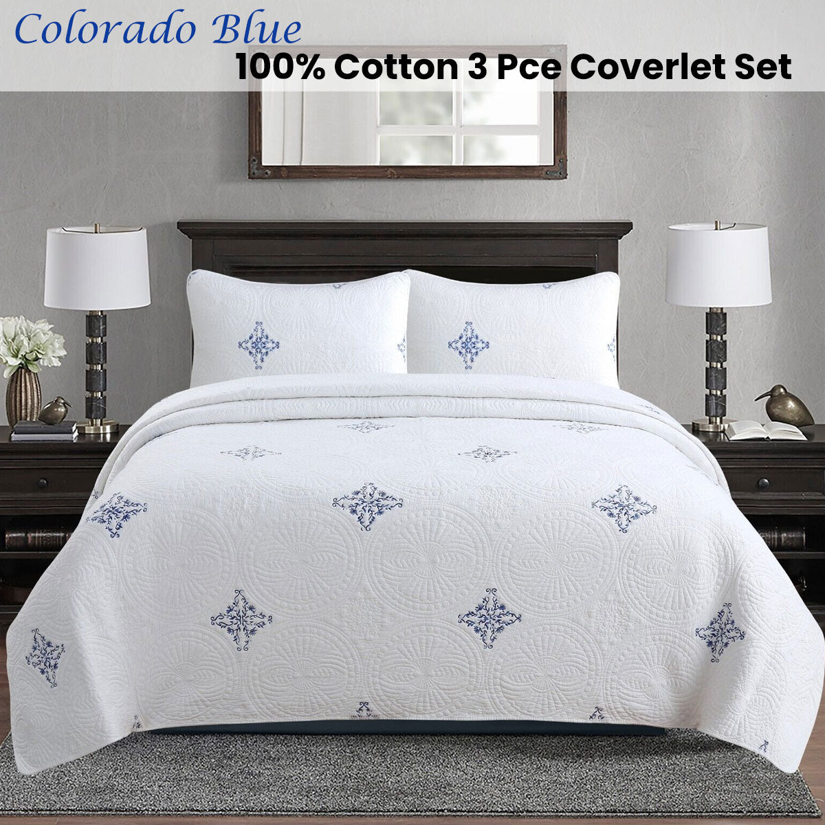 Lightly Quilted Coverlet Set | 100% Cotton | Colorado Blue | King