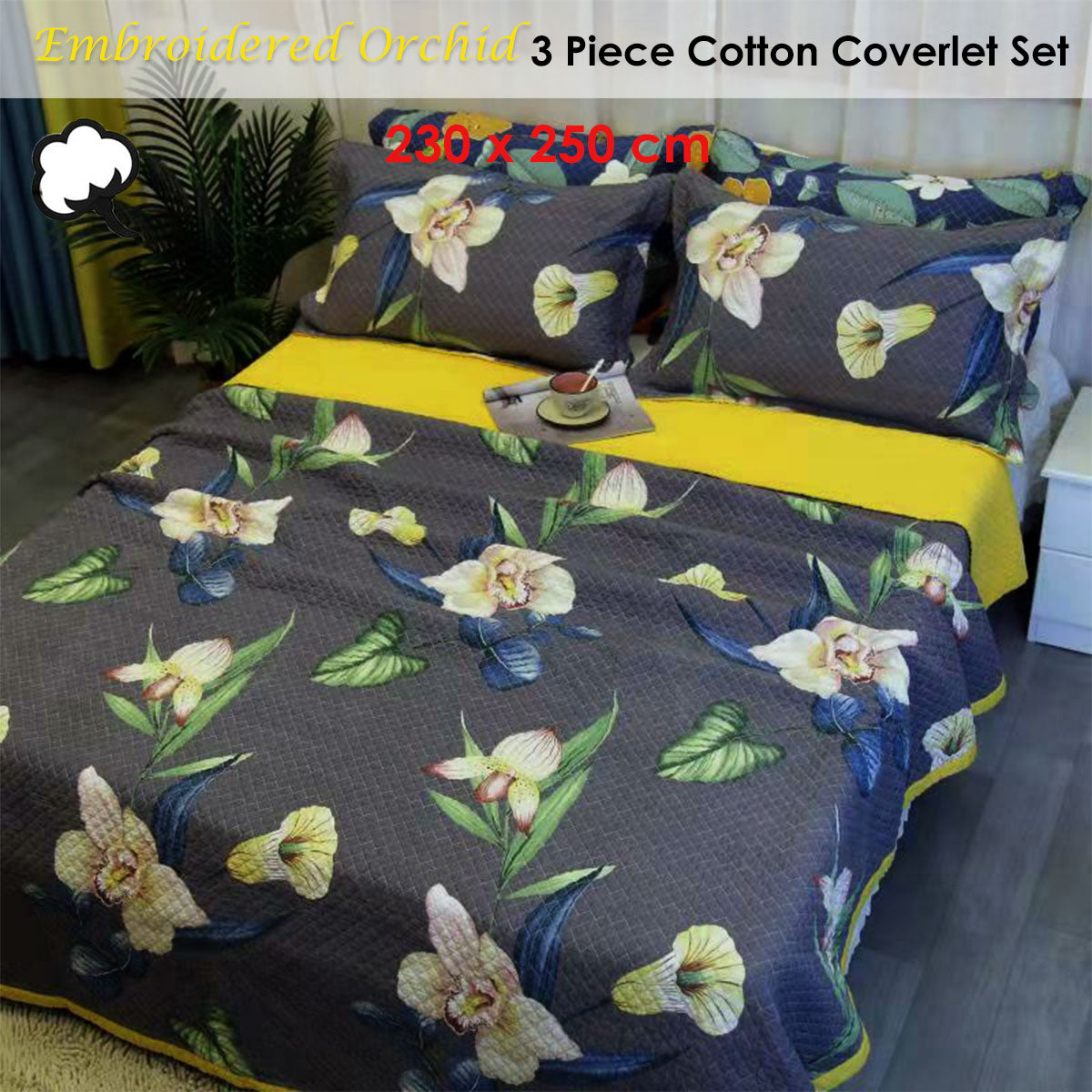 100% Cotton Coverlet Set | Embroidered Orchid | Queen