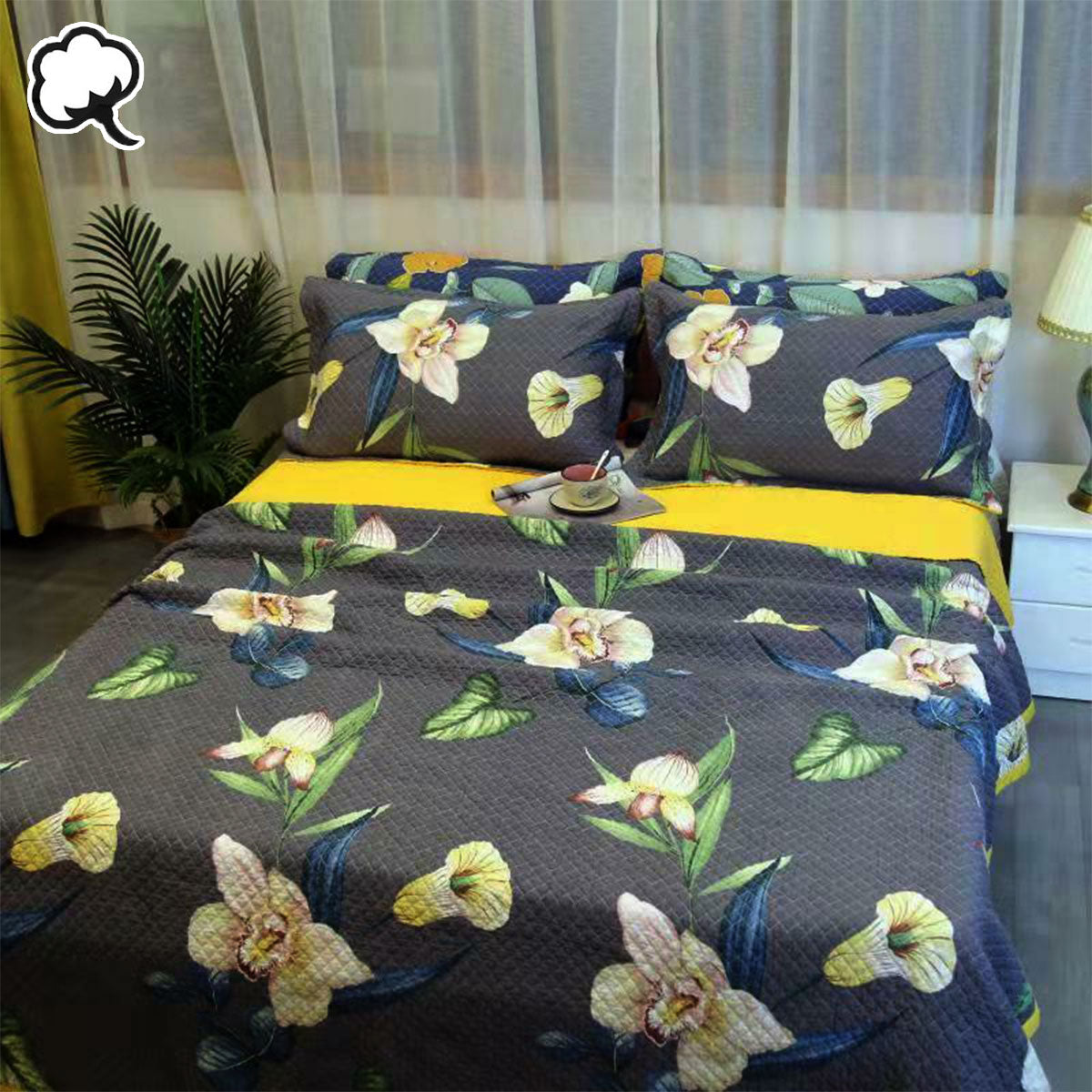 100% Cotton Coverlet Set | Embroidered Orchid | Queen