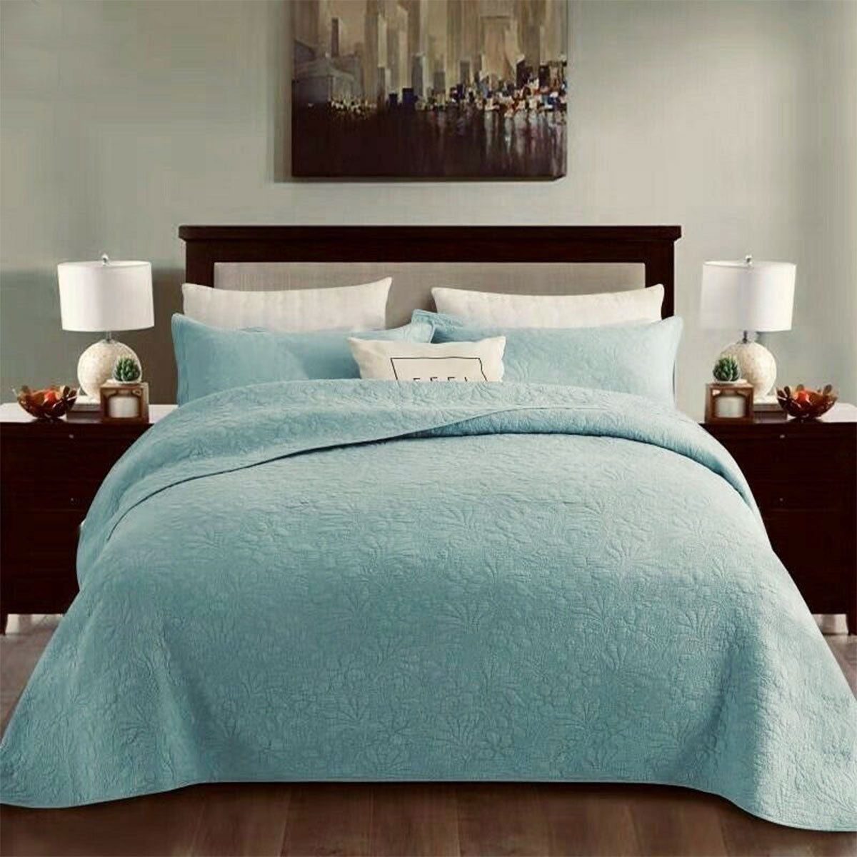 100% Cotton Coverlet Set | Floral Turquoise | King