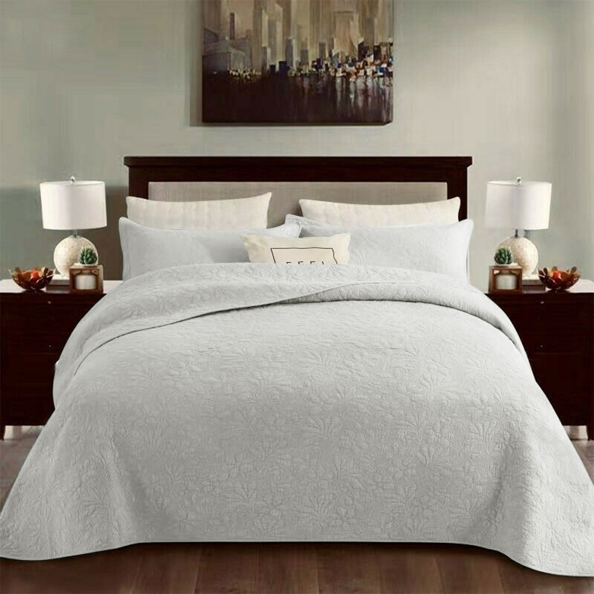 100% Cotton Coverlet Set | Floral White | Queen