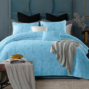 Lightly Quilted Coverlet Set | Cotton Rich | Floriade Aqua | Queen