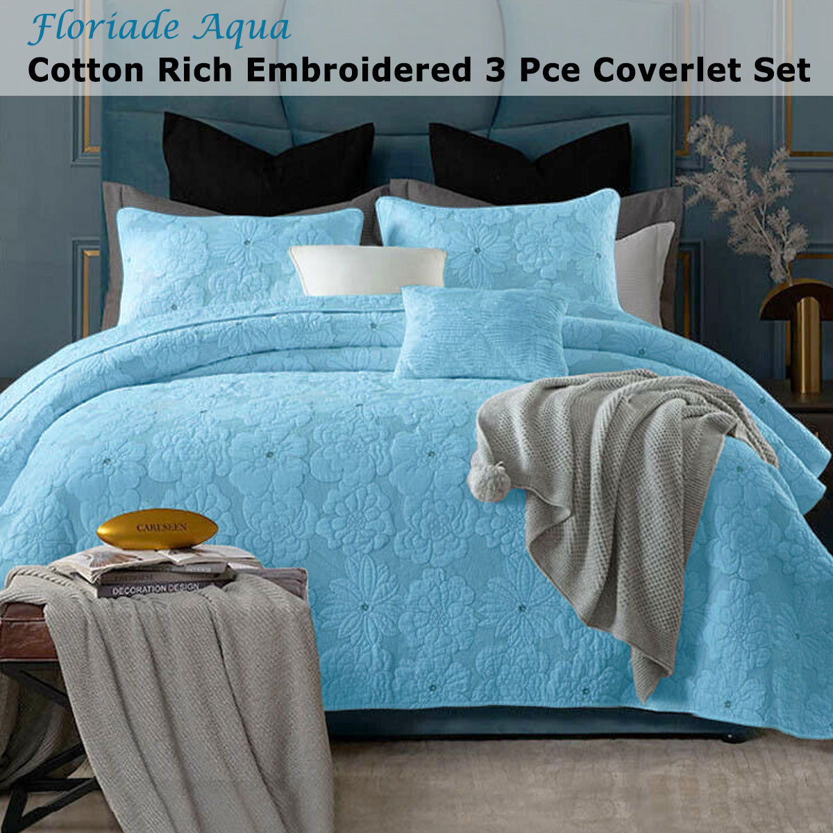 Lightly Quilted Coverlet Set | Cotton Rich | Floriade Aqua | Queen