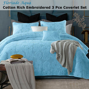 Lightly Quilted Coverlet Set | Cotton Rich | Floriade Aqua | Queen