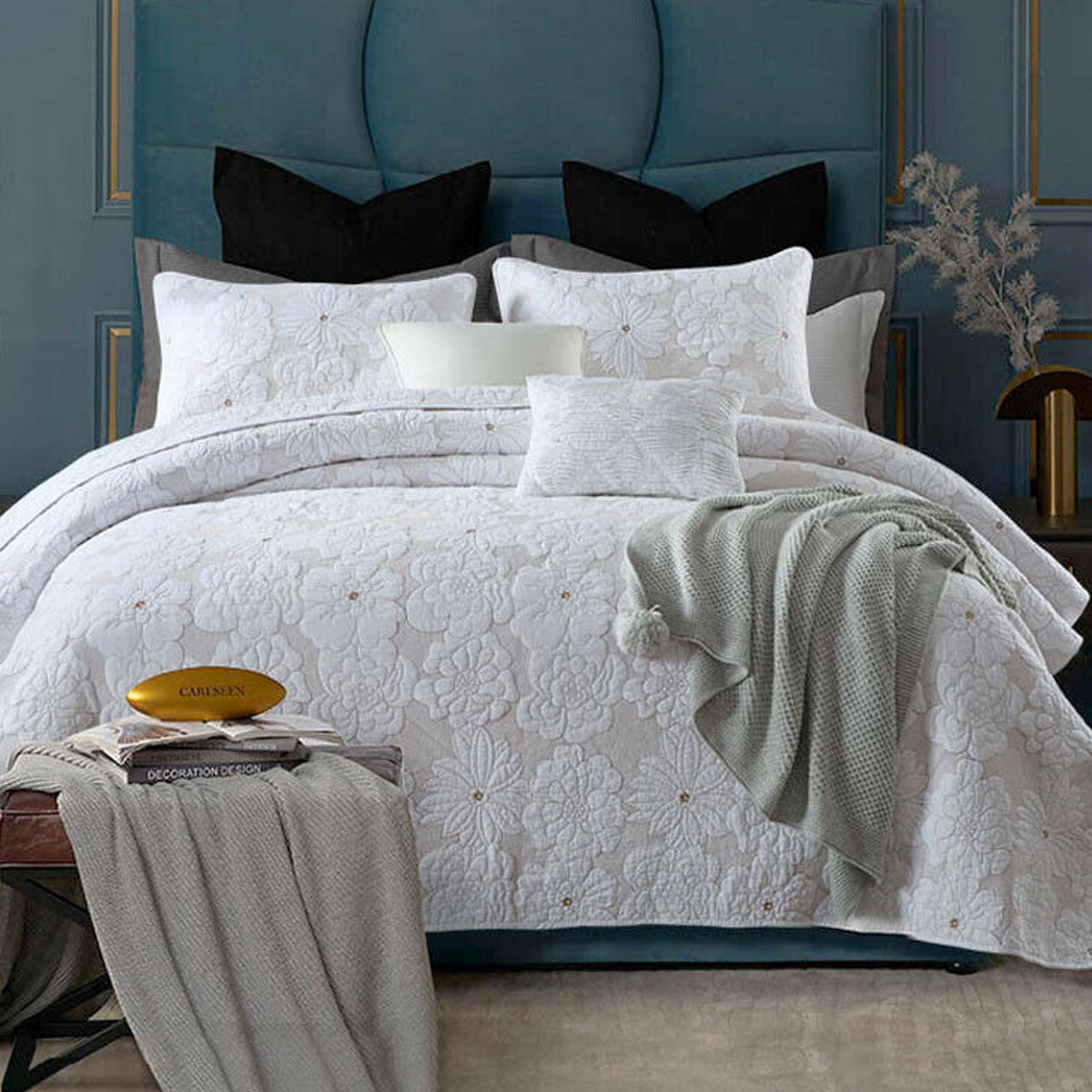 Lightly Quilted Coverlet Set | Cotton Rich | Floriade White | King