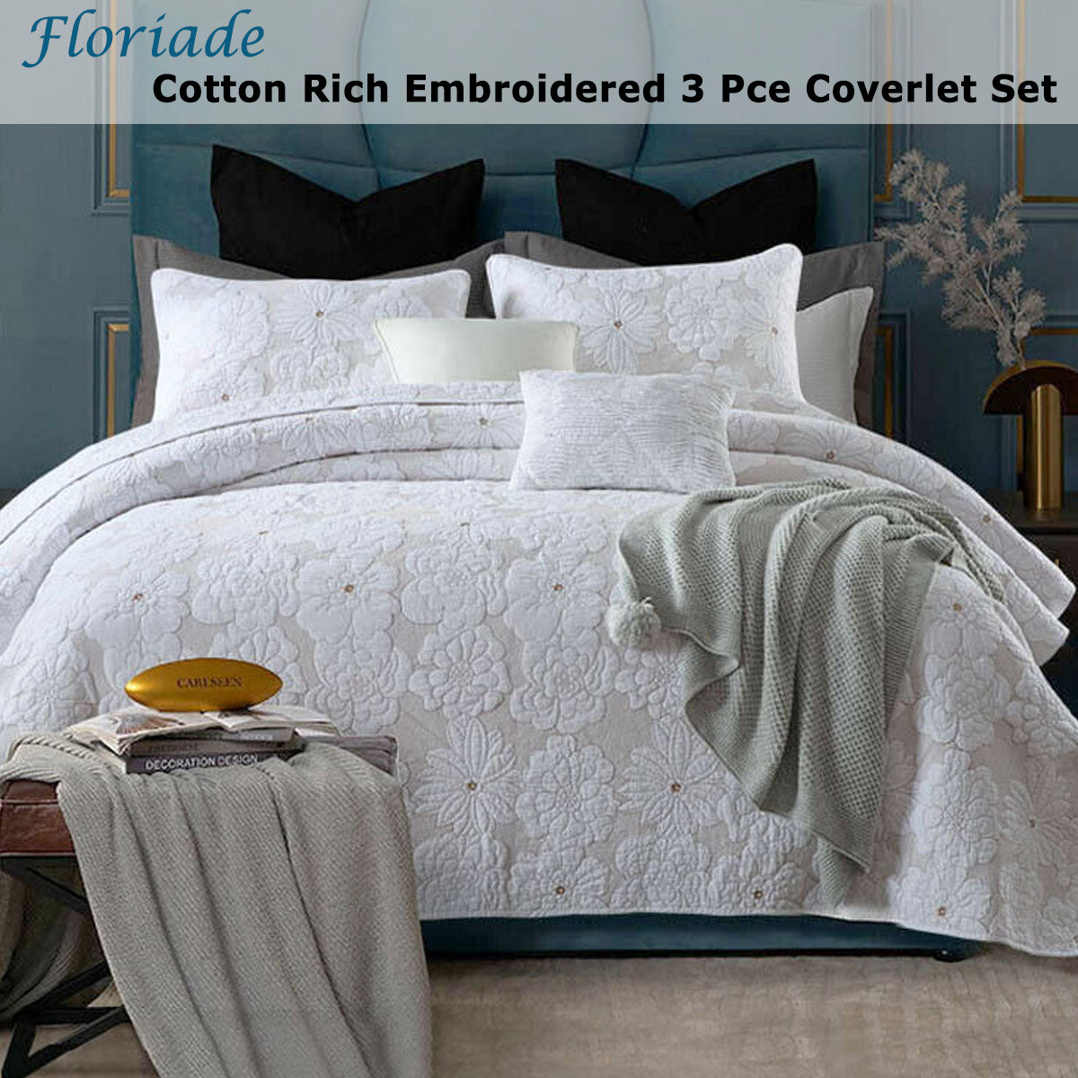 Lightly Quilted Coverlet Set | Cotton Rich | Floriade White | King