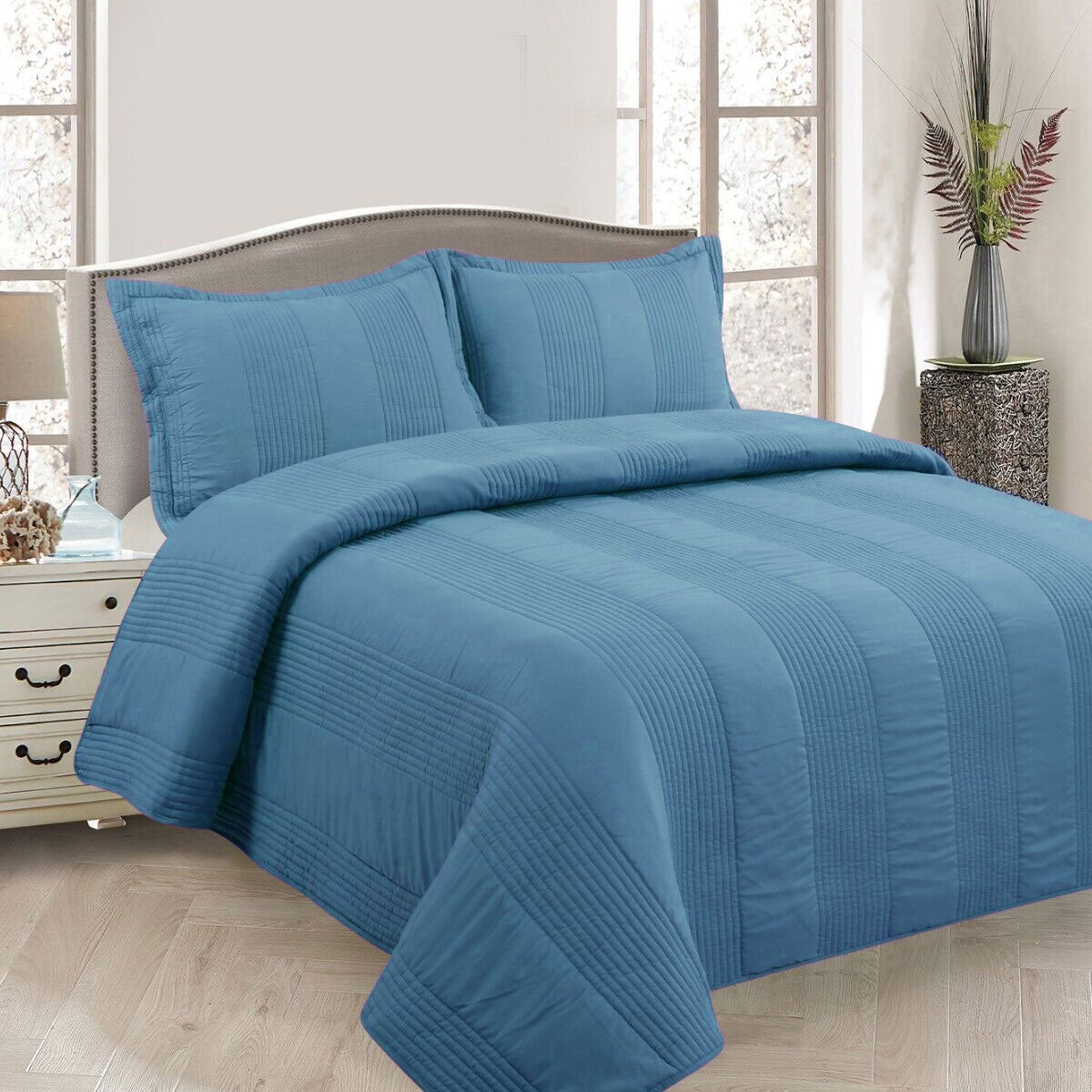 Lewis Blue Quilted Coverlet Set | 3 Piece | Polyester Cotton | Queen