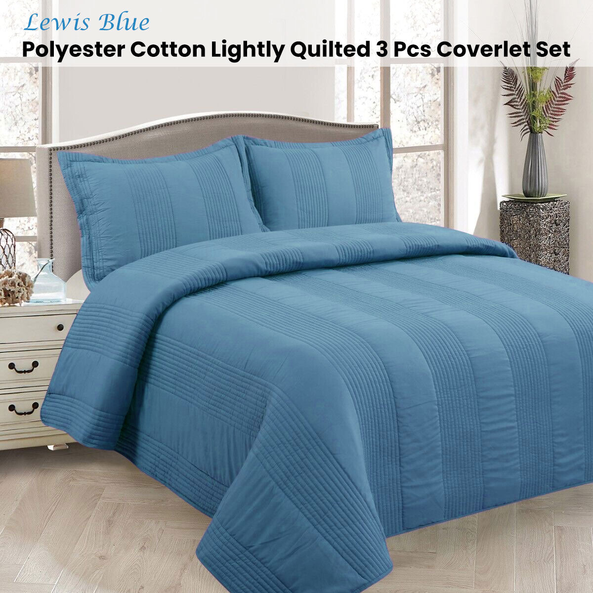 Lewis Blue Quilted Coverlet Set | 3 Piece | Polyester Cotton | Queen