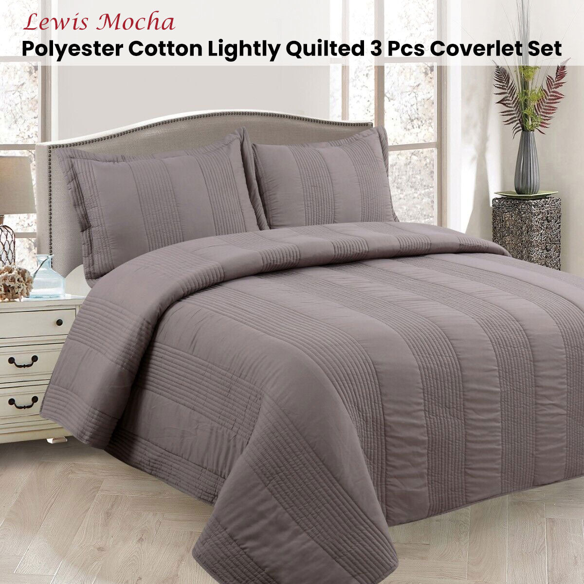 Lewis Mocha Quilted Coverlet Set | 3 Piece | Polyester Cotton | Queen