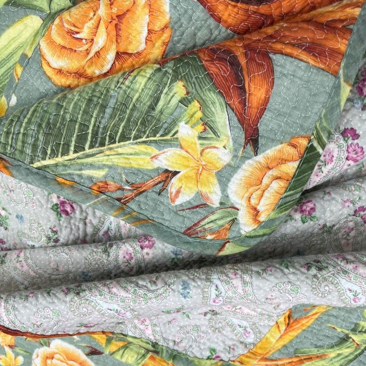 Lightly Quilted Coverlet Set | 100% Cotton | Birds of Paradise | Queen | 230 x 250 cm