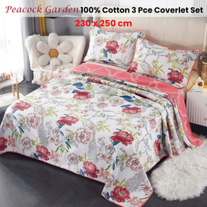 Lightly Quilted Coverlet Set | 100% Cotton | Peacock Garden Pink | Queen