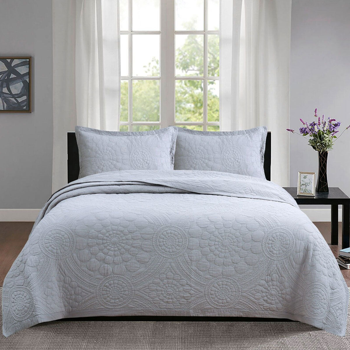 Lightly Quilted Coverlet Set | 100% Cotton | Unity Silver | Queen