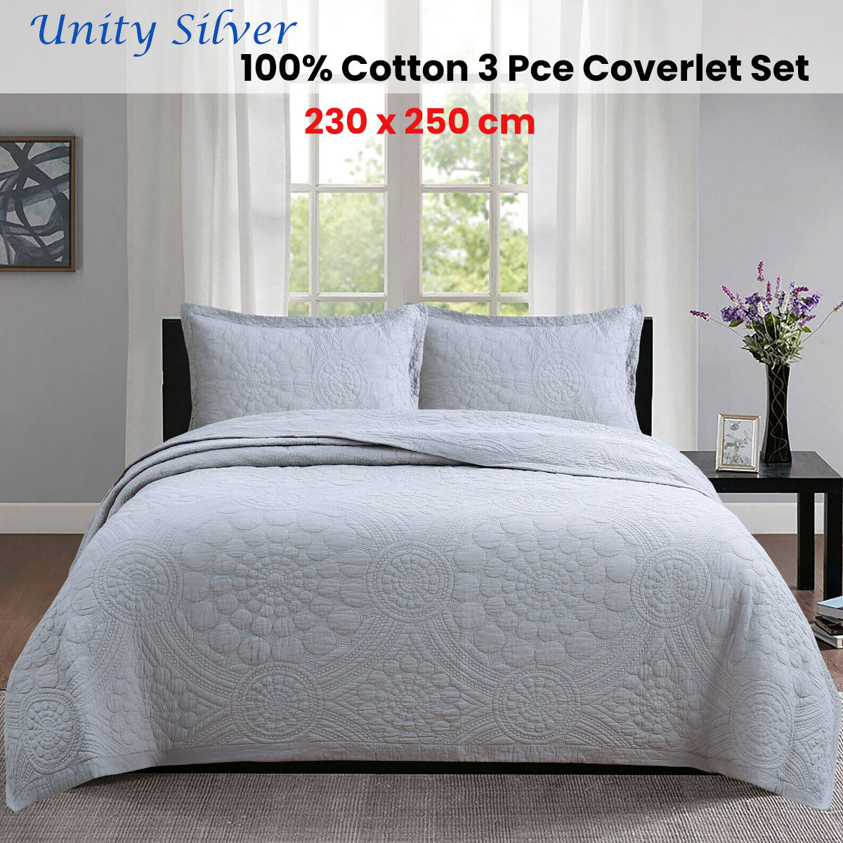 Lightly Quilted Coverlet Set | 100% Cotton | Unity Silver | Queen