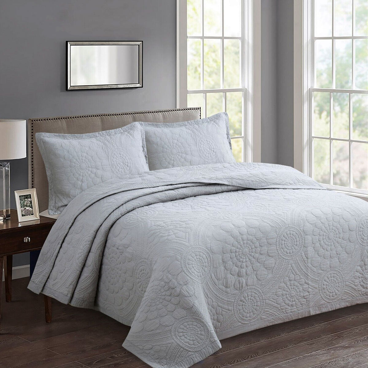 Lightly Quilted Coverlet Set | 100% Cotton | Unity Silver | Queen