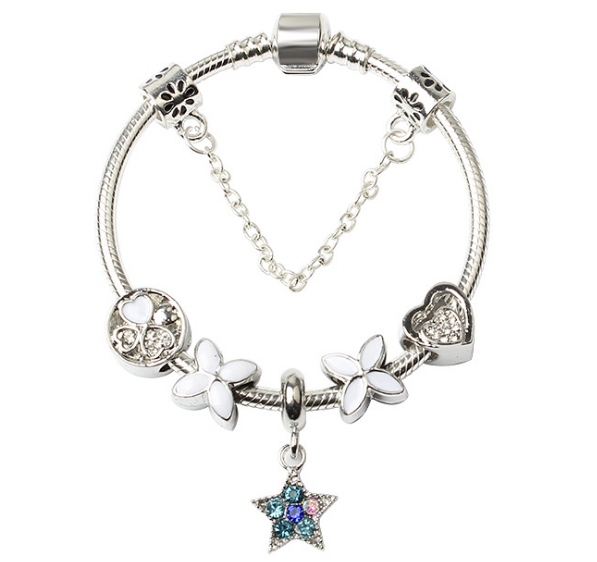 Women Silver Plated Bracelet | Snake Chain with Classic Bead Barrel Clasp & Blue Star Pendant (20cm)