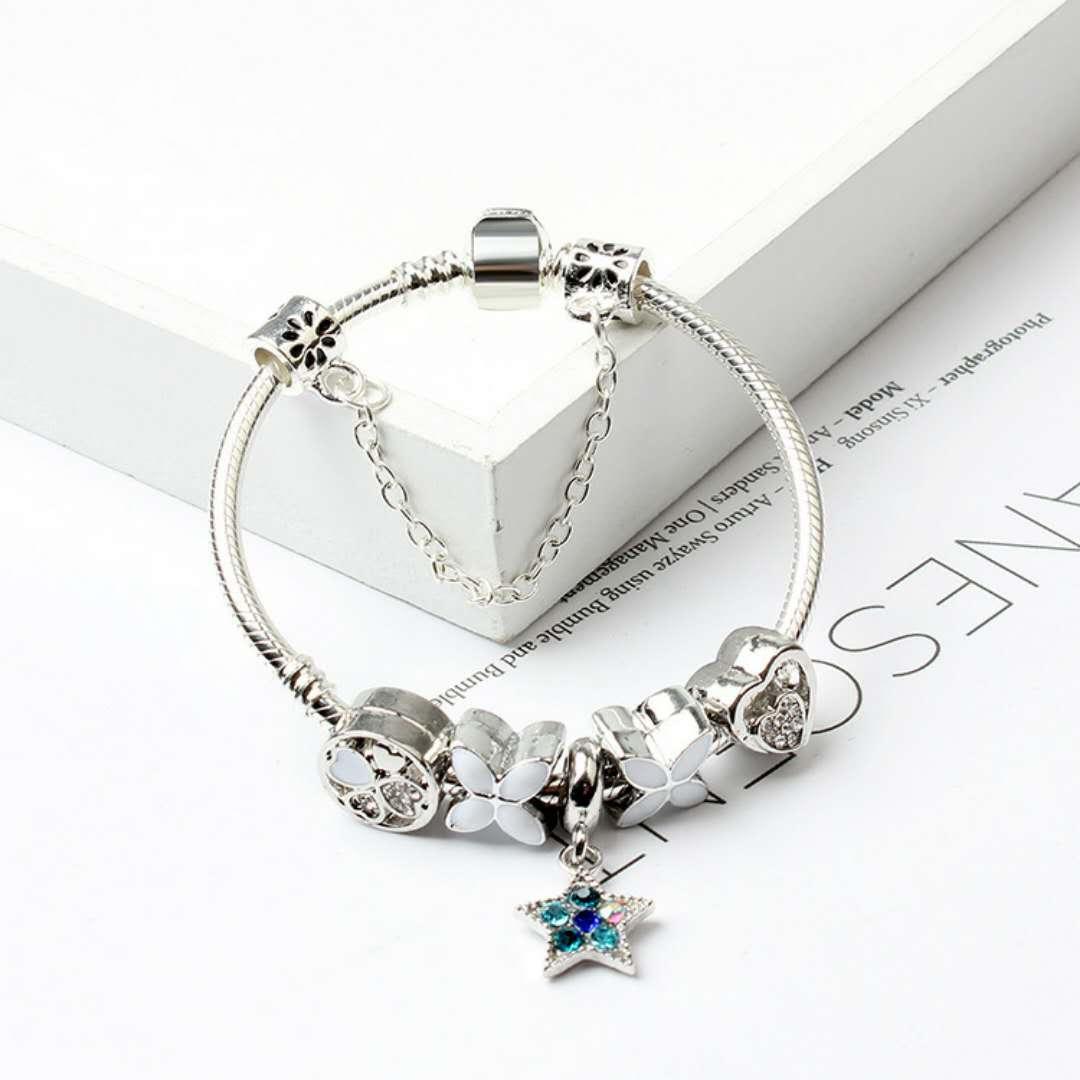 Women Silver Plated Bracelet | Snake Chain with Classic Bead Barrel Clasp & Blue Star Pendant (20cm)
