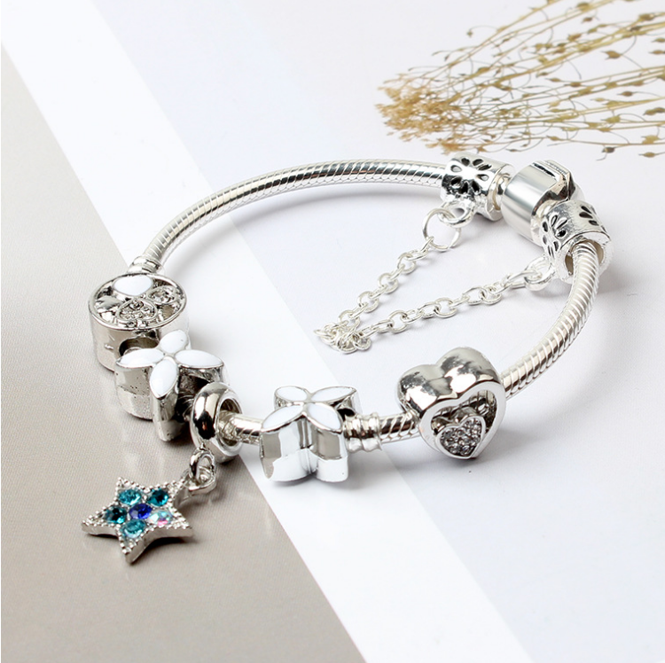 Women Silver Plated Bracelet | Snake Chain with Classic Bead Barrel Clasp & Blue Star Pendant (20cm)