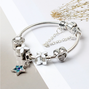 Women Silver Plated Bracelet | Snake Chain with Classic Bead Barrel Clasp & Blue Star Pendant (20cm)